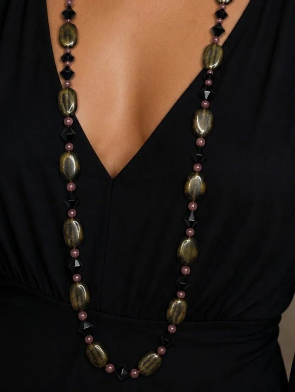 Long Beaded Necklace Faux Moonstone Resin & Purple Crystal Statement Piece